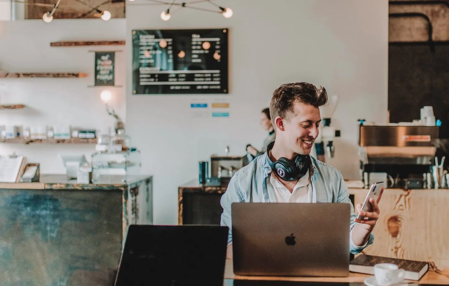 man holding phone device, Happy reader getting email