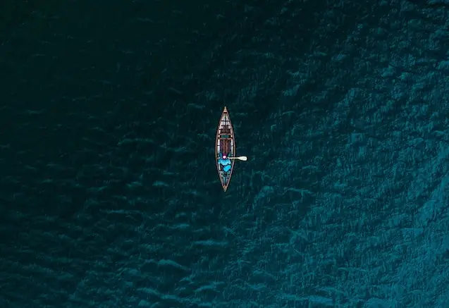 overhead view ofcanoe surrounded by water