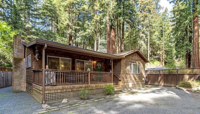 shingled cabin in redwoods