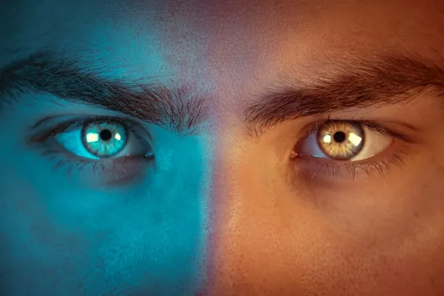 a face shaded half blue and half red