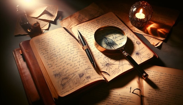 open journal with writing and wpiderweb doodles with magnifying glass and pen
